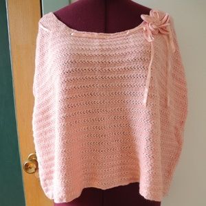 Soft Pink Sweater Poncho Knit Flower Ribbon Lacing